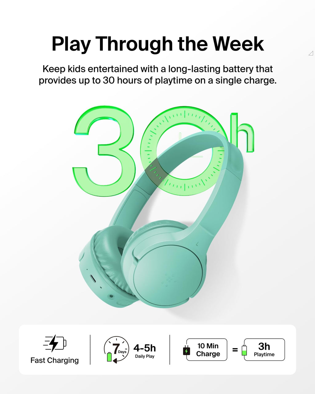 Belkin SoundForm Mini Kids Headphones - Mint / Wireless (USB-C) view 2