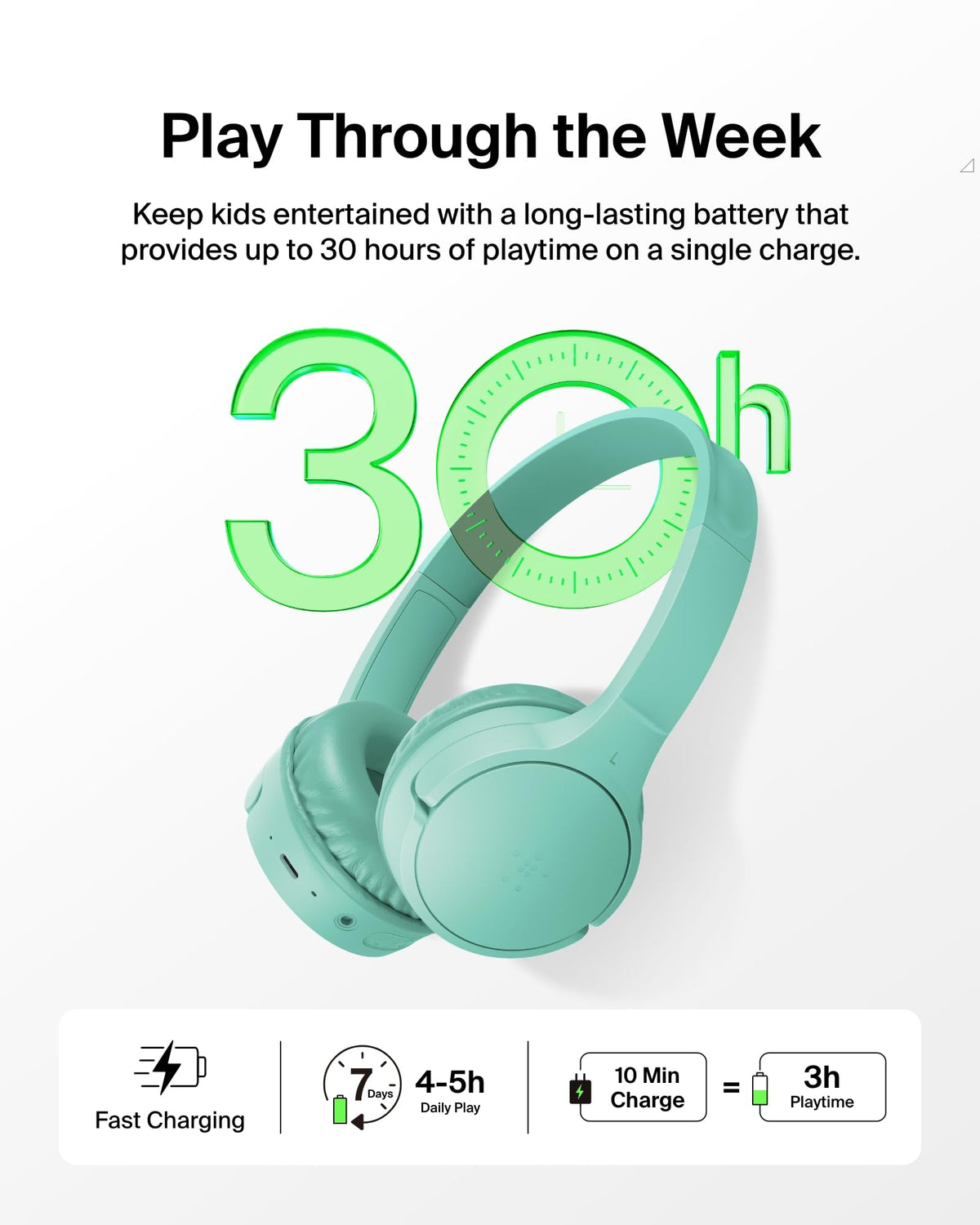 Belkin SoundForm Mini Kids Headphones - Mint / Wireless (USB-C) view 2