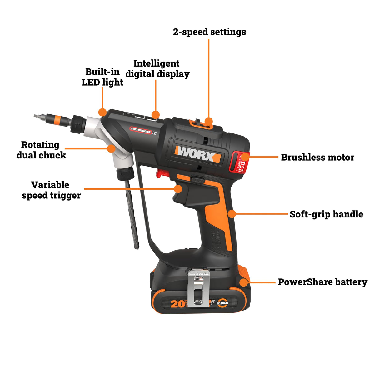 WORX Cordless Drill Driver, 20V Brushless, SwitchDriver 2-in-1, WX177L.2 (additional view 9)