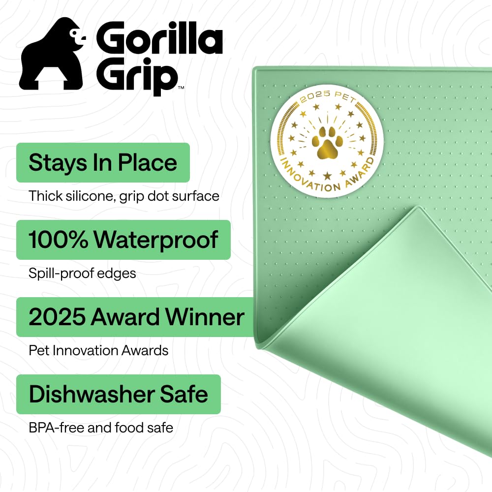 GORILLA GRIP 100% Waterproof Raised Edge BPA Free Silicone Pet Feeding Mat, Dog Cat Food Mats Contain Spills Protects