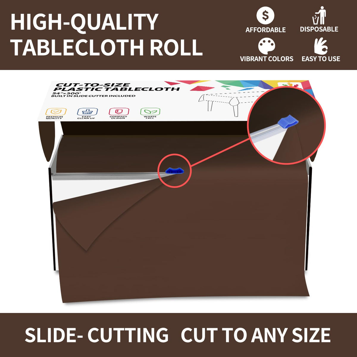 CXPSINC 54 Inch Plastic Table Cover Roll Disposable Tablecloth with Slide Cutter - Brown / 3600" x 54" (Rectangular) view 3
