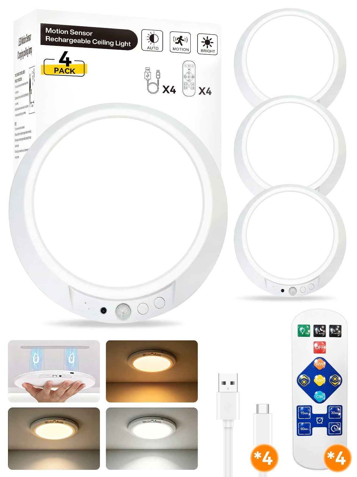Free2Glow 8000mAh Rechargeable Ceiling Light with Remote, Motion Sensor or Constant-On, 7.55-Inch Magnetic Battery Operated Lamp, Dimmable 3 Color Temperatures, for Closet and Shower - 4
