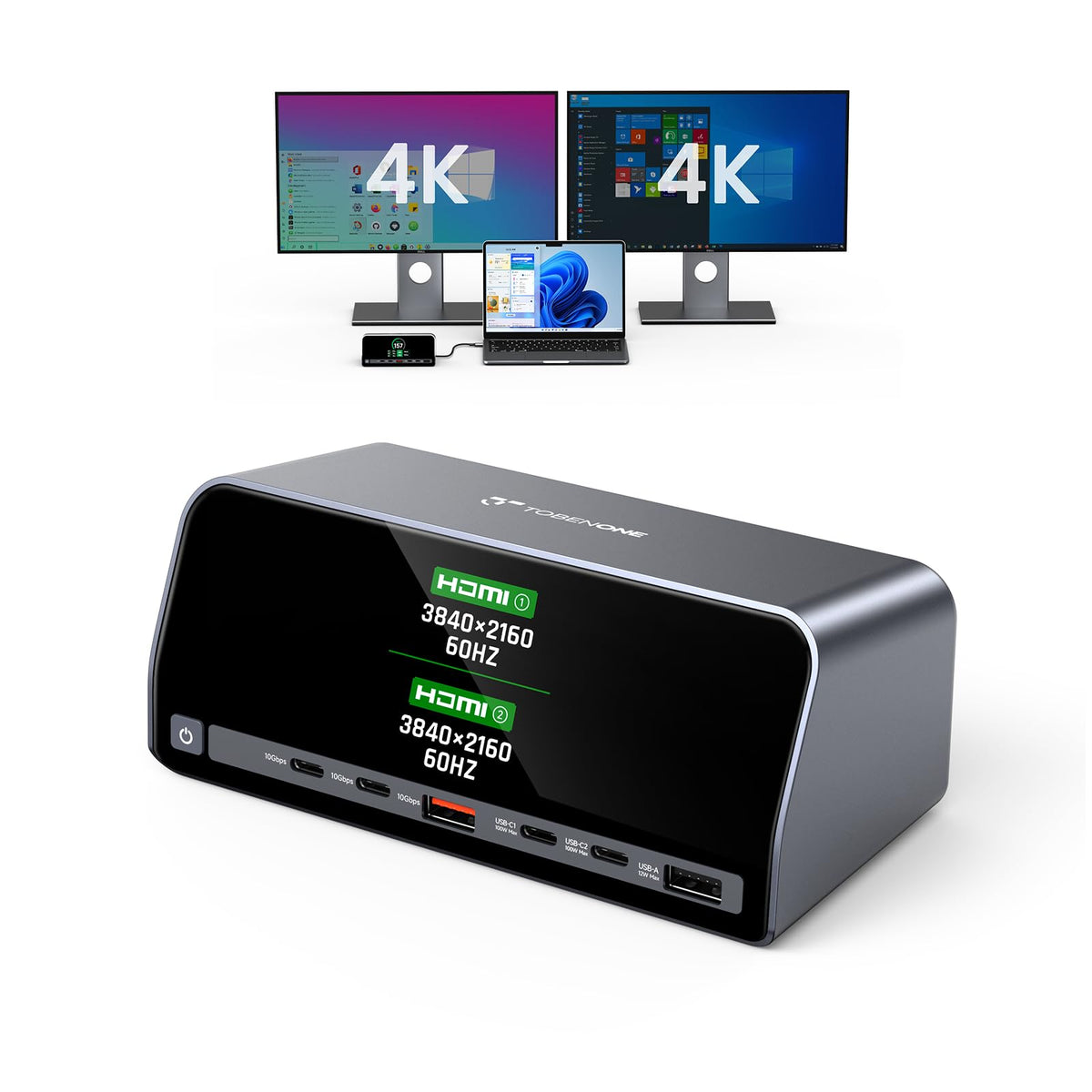 TobenONE Docking Station Dual 4K Monitor for Windows, 160W GaN+ LCD Display (PU1001)
