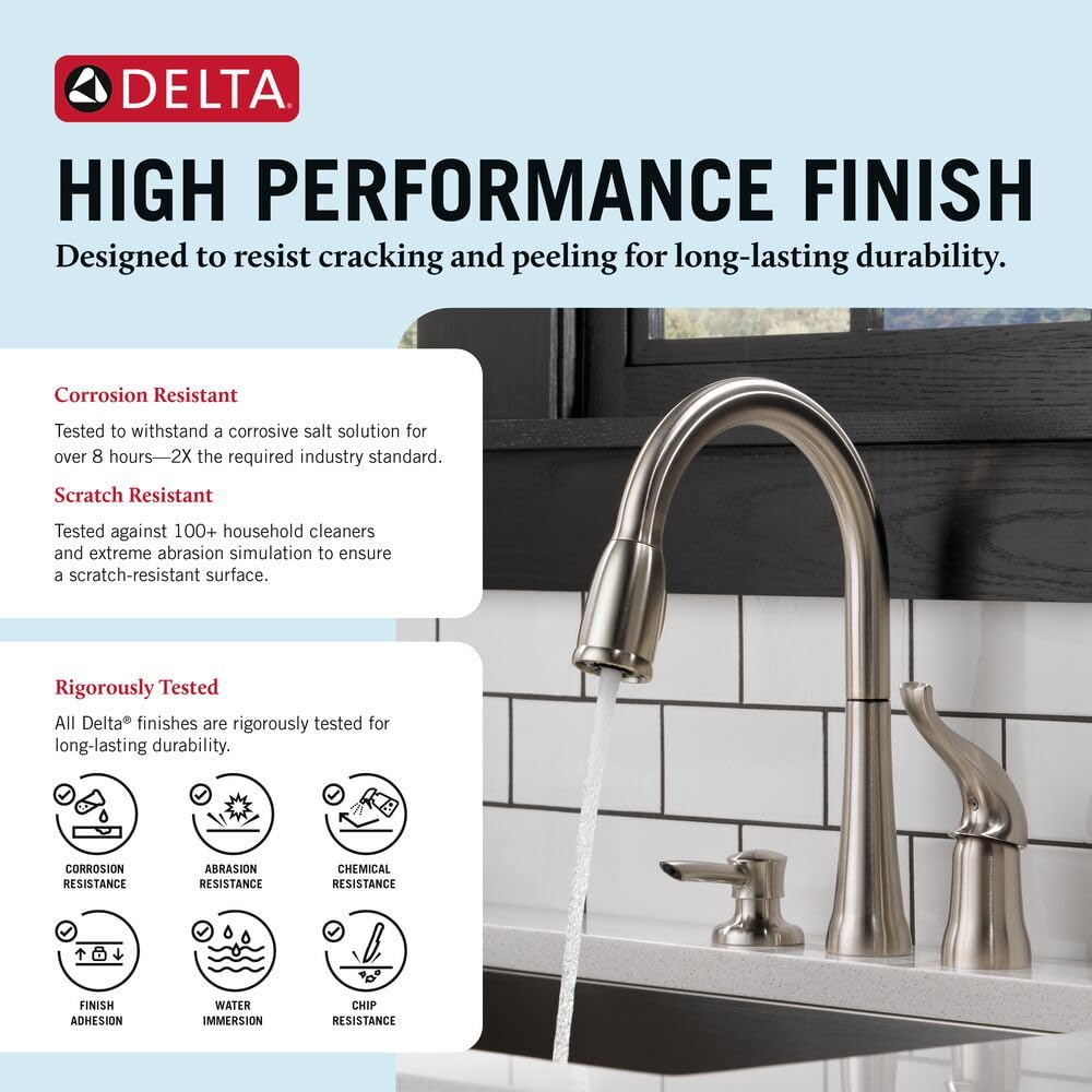 DELTA Kitchen Faucet with Pull Down Sprayer and Soap Disperser, Modern Two Hole Kitchen Sink Faucet, Single Handle