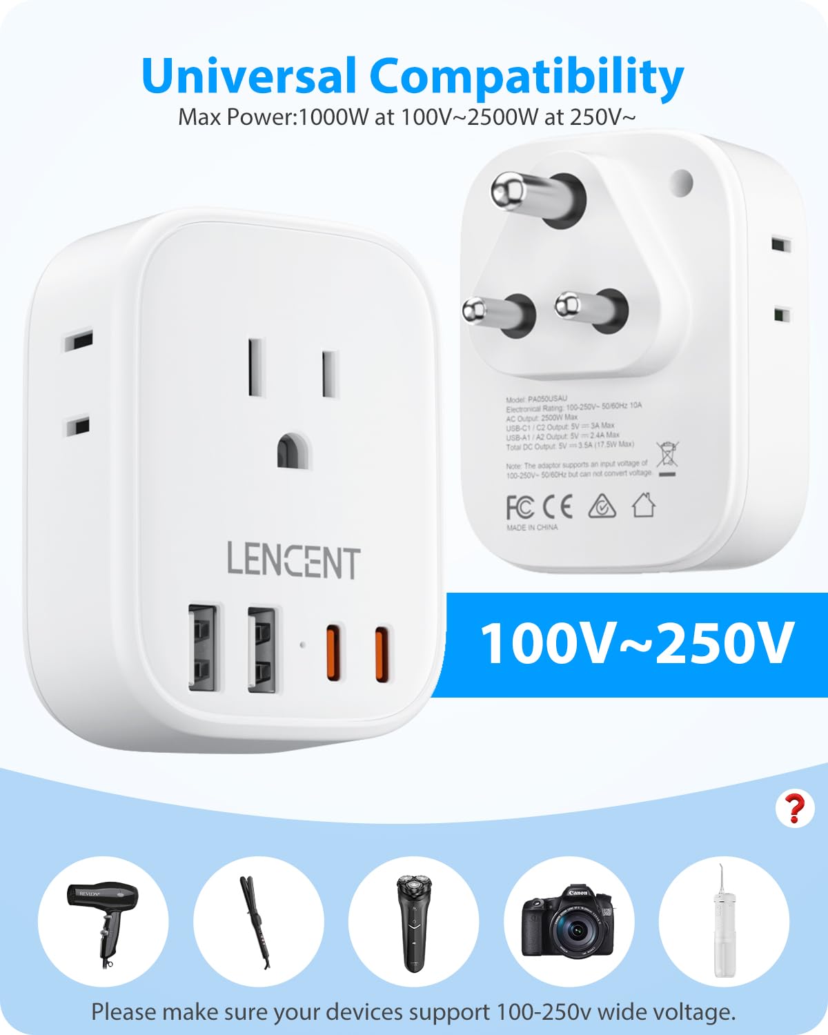 LENCENT Travel Plug Adapter - Type D-17.5W-India Maldives view 4