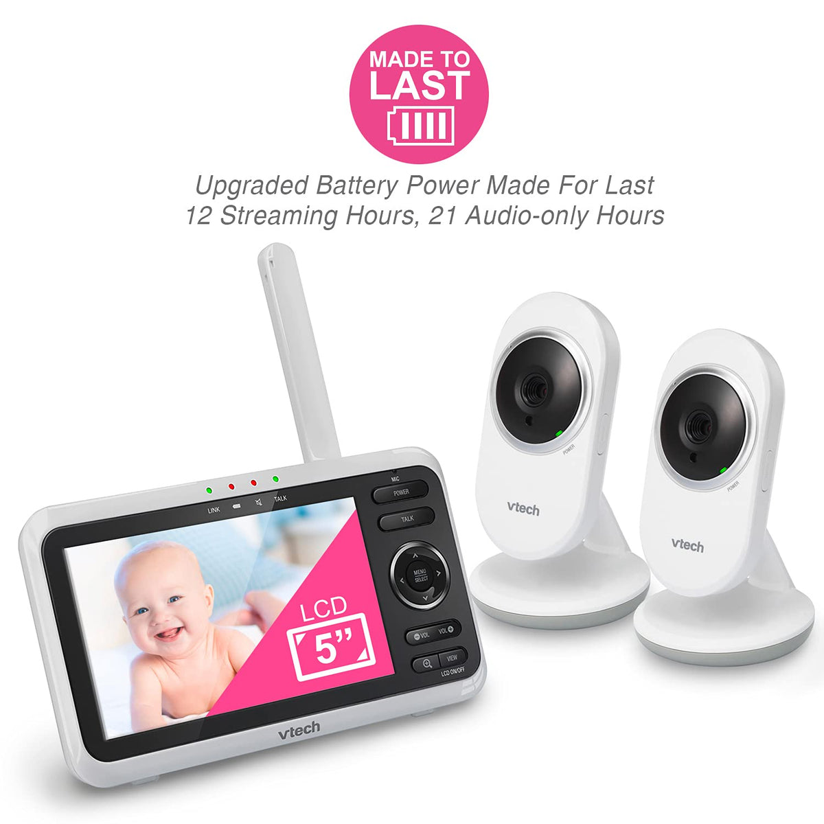 VTech Baby Monitor with 2 Cameras No WiFi & 5" Screen – Split-Screen, Patrol Mode, Night Vision, Two-Way Talk