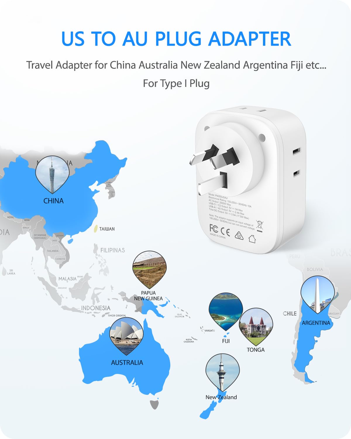 LENCENT Travel Plug Adapter - Type I-17.5W-Australia China view 1