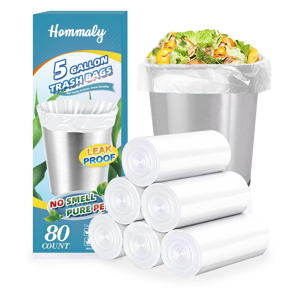 5 Gallon 80pcs (Fit 4.5-5.3 Gal) Small Clear Trash Bags Strong Garbage Bags, 18-20 Liter