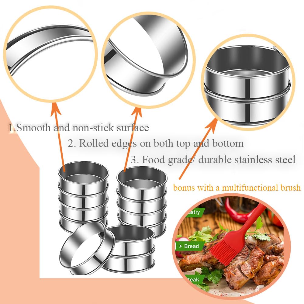 DATANYA 16Packs English Muffin Rings Crumpet Rings 4 inch Stainless Steel Double Rolled Tart Rings 4 inch & 3.15 inch (Pack of 17)