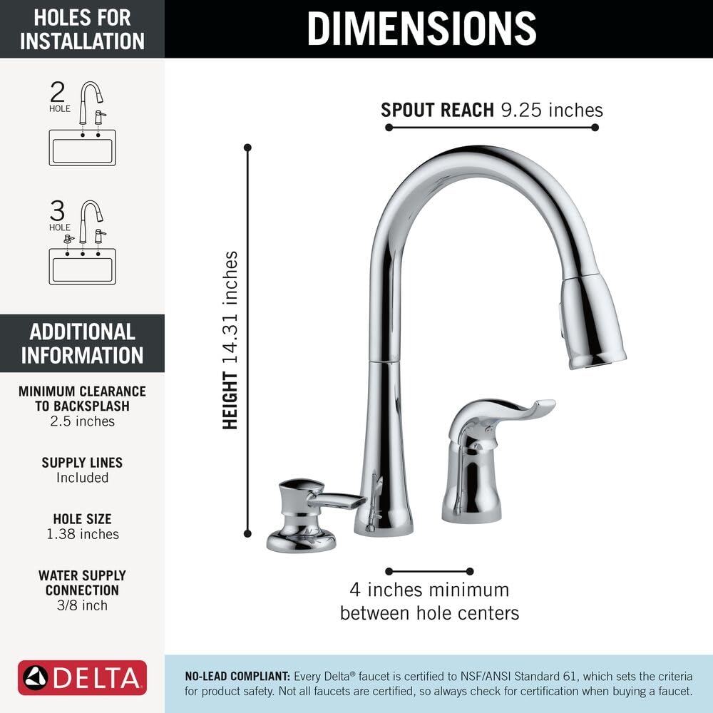 DELTA Kitchen Faucet with Pull Down Sprayer and Soap Disperser, Modern Two Hole Kitchen Sink Faucet, Single Handle