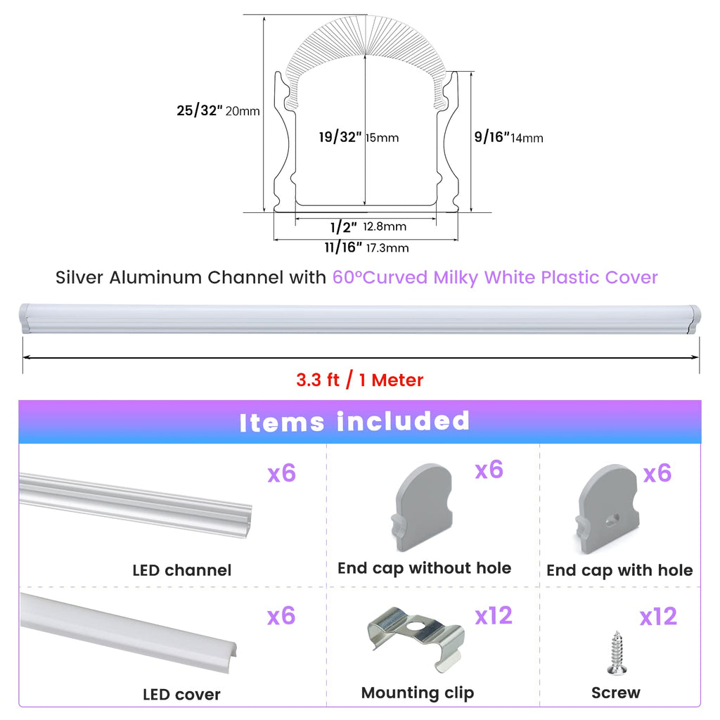 Muzata 6Pack 3.3FT/1M Silver Spotless LED Channel with Milky Diffuser U108 (additional view 1)