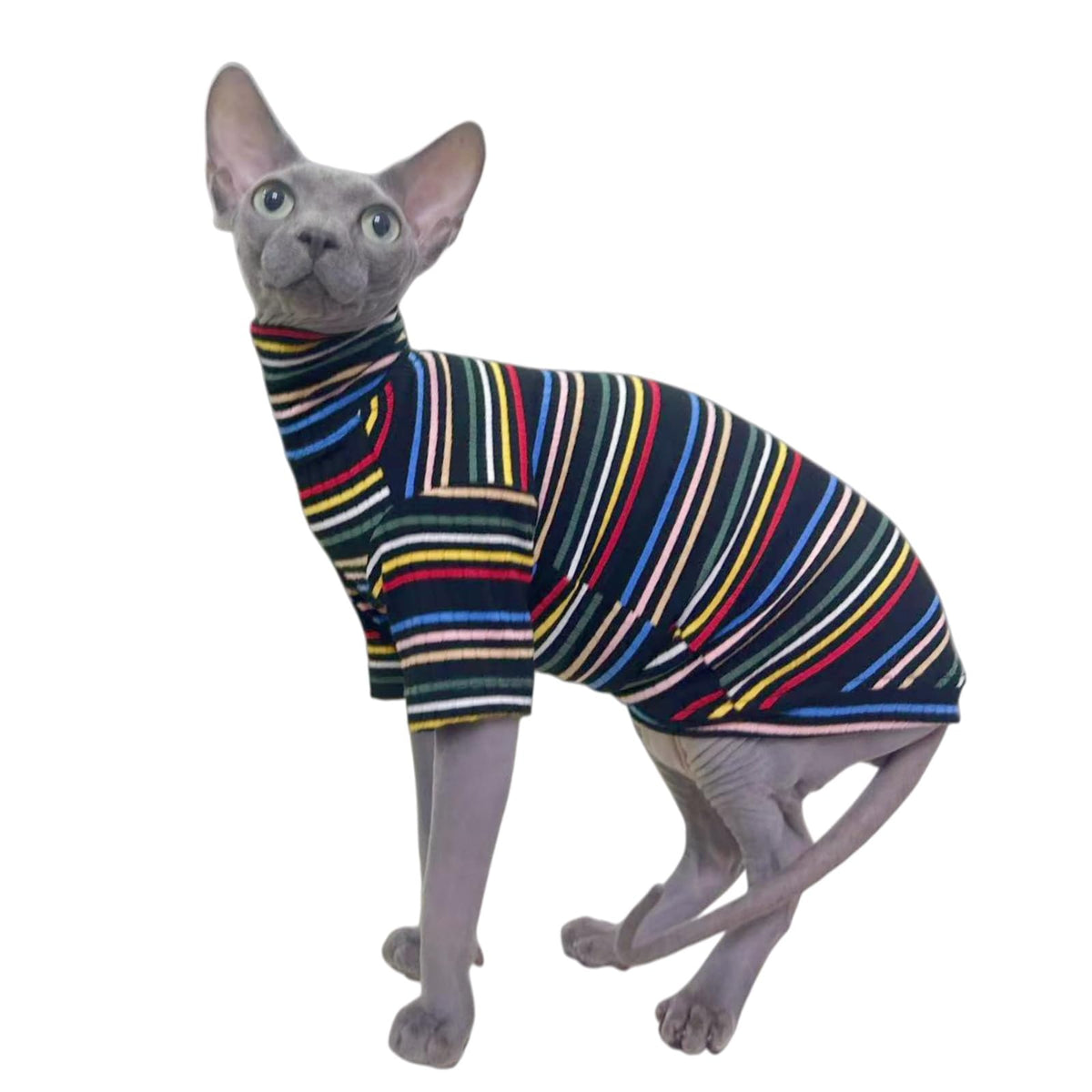 Turtle Neck Vintage Stripes Sphynx Hairless Cat Cotton T-Shirts Pet Clothes Vest Kitten Shirts Sleeveless - Dark Rainbow / XS (2-3 lbs) view 2