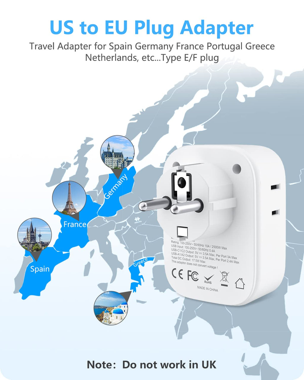 LENCENT Travel Plug Adapter - Type E/F-17.5W- Germany view 1