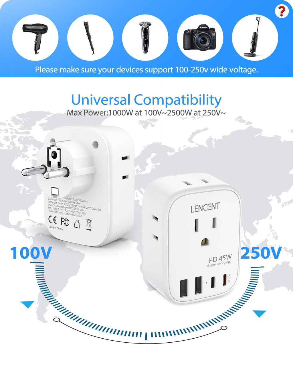 LENCENT Travel Plug Adapter - Type E/F-45W-Germany view 5