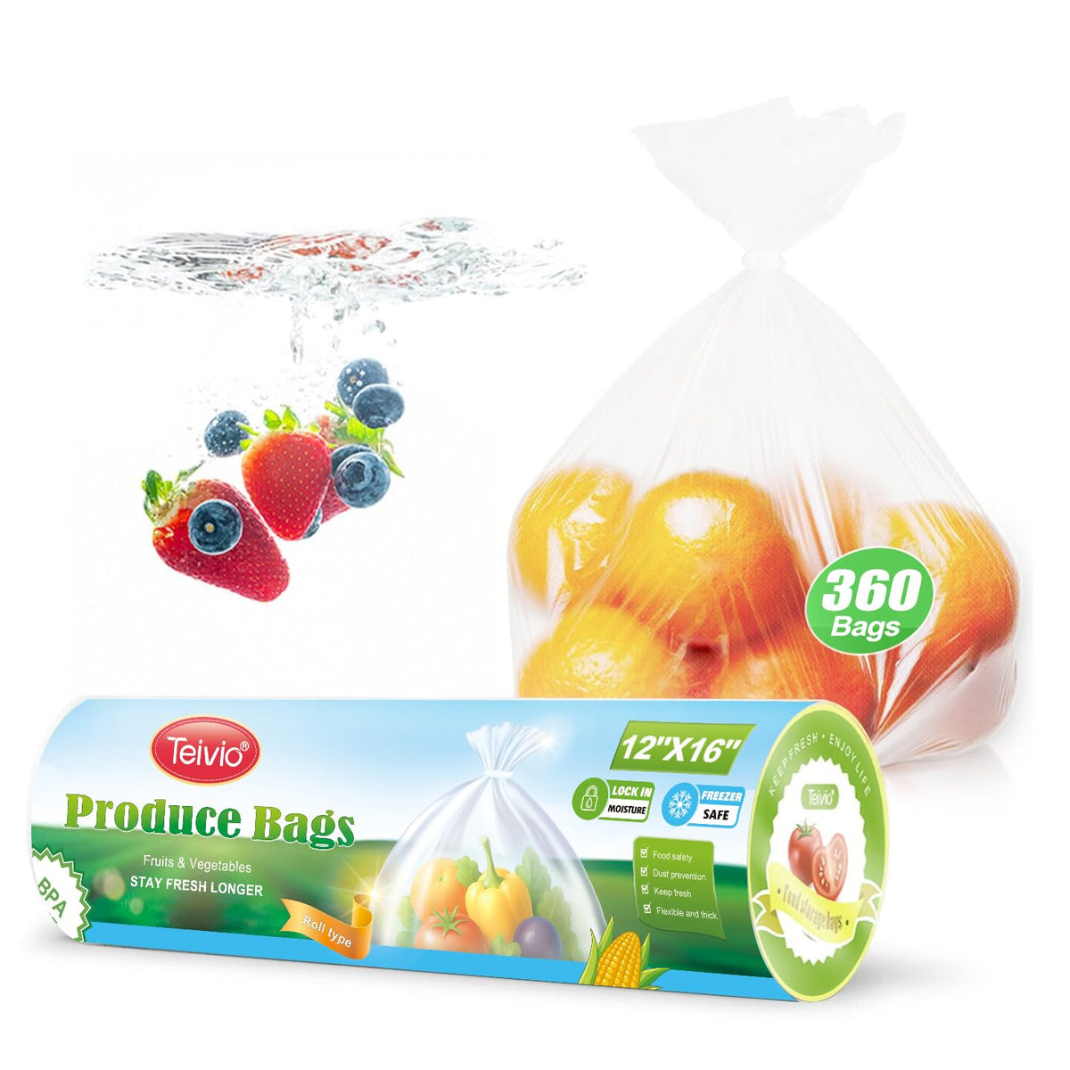 Teivio 360 Count 12" x 16" Plastic Produce Bags on A Roll, Clear Kitchen Disposable