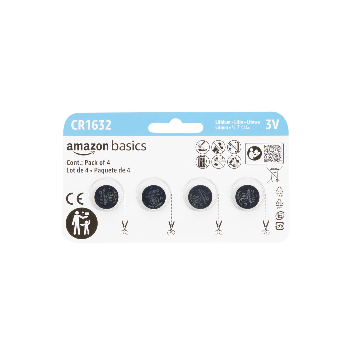 Amazon Basics 4-Pack CR1632 3 Volt Lithium Coin Cell Battery, Long Lasting Power, Mercury-Free, Reliable, Child Safety