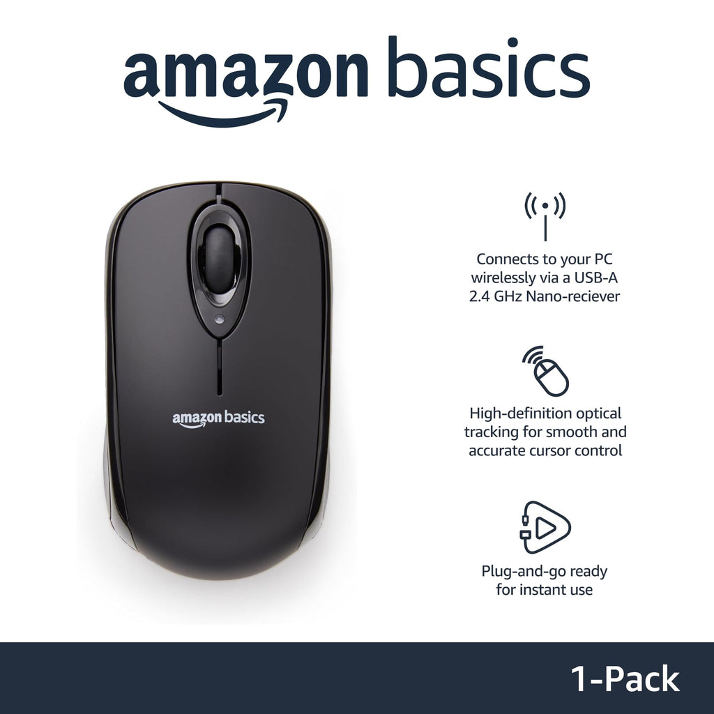 Amazon Basics 2.4 Ghz Wireless Optical Computer Mouse with USB Nano Receiver - Black view 1