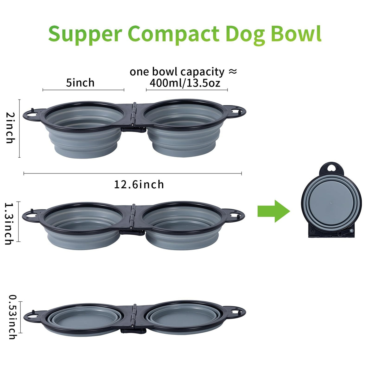 SLSON Collapsible Dog Dual Bowls Reinforced Rim 180 Degrees Flip Over Bowl - Cold Grey view 1