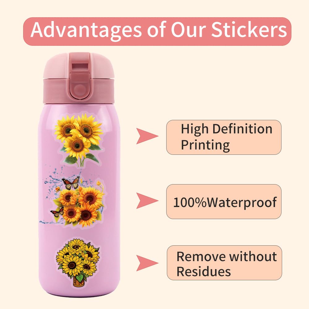 Sunflower Stickers 63Pcs Waterproof PET Sunflower Decals for Water Bottle Cartoon Plant (additional view 4)