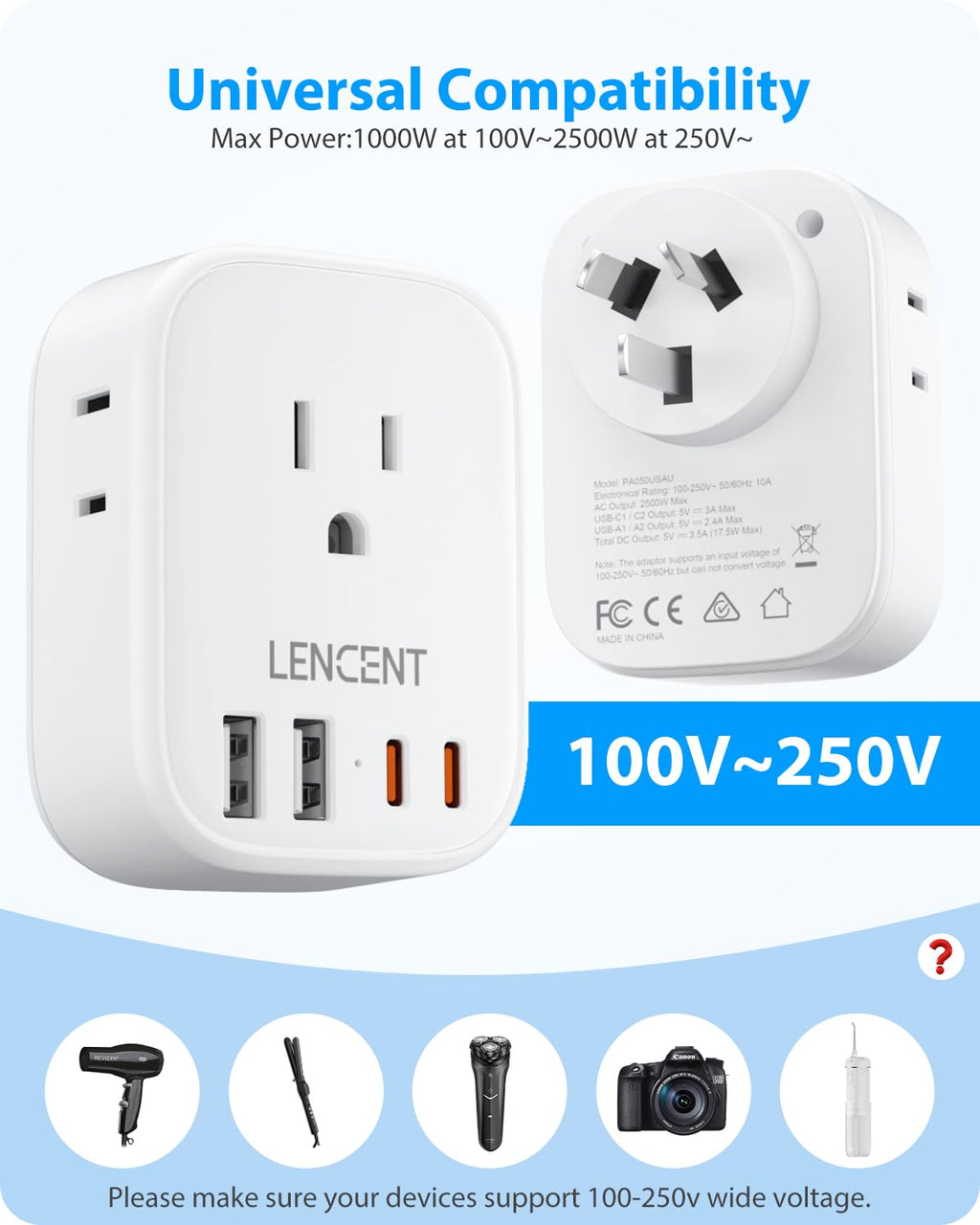 LENCENT Travel Plug Adapter - Type I-17.5W-Australia China view 4