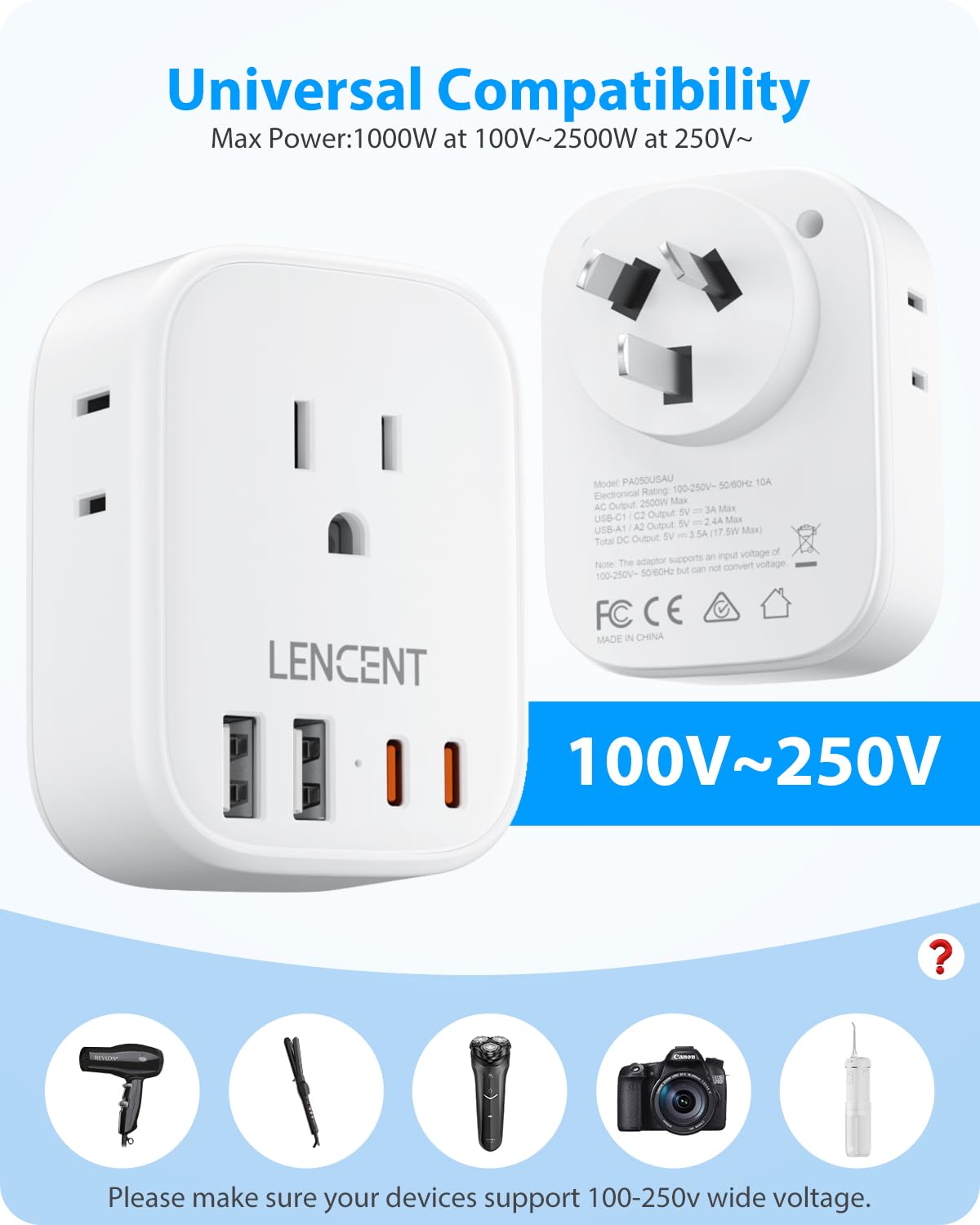 LENCENT Travel Plug Adapter - Type I-17.5W-Australia China view 4