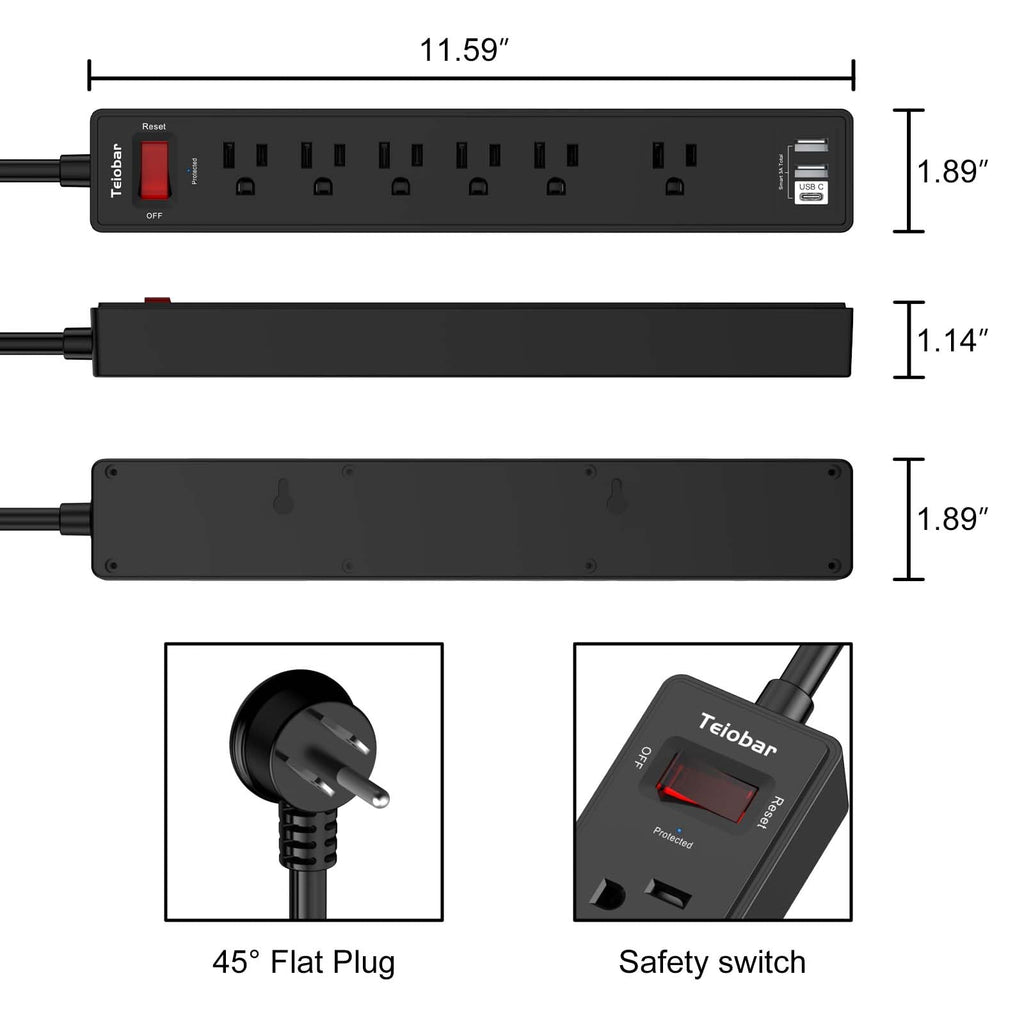 Teiobar Extension Cord Power Strip - Black(6 Outlets/2U1C) / 6 Ft view 6