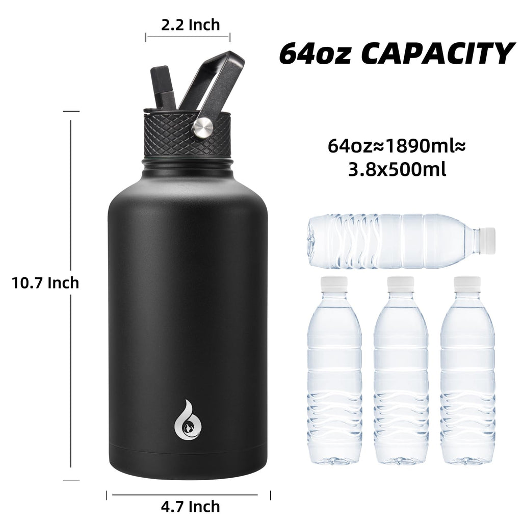 BJPKPK 64oz Insulated Water Bottle, Half Gallon Water Jug with Straw Lid (64A-black)