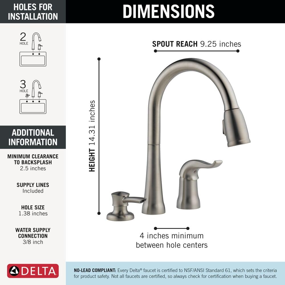 DELTA Kitchen Faucet with Pull Down Sprayer and Soap Disperser, Modern Two Hole Kitchen Sink Faucet, Single Handle