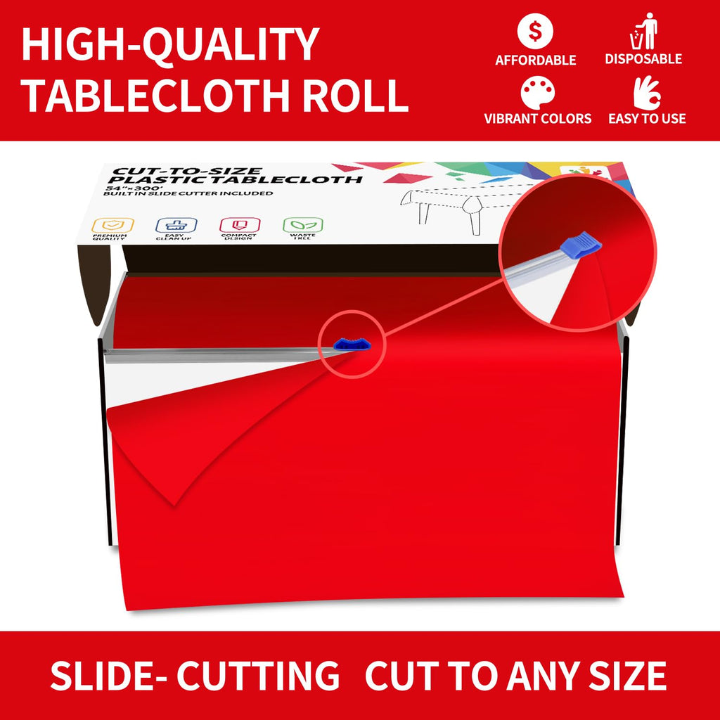 CXPSINC 54 Inch Plastic Table Cover Roll Disposable Tablecloth with Slide Cutter - Red / 3600" x 54" (Rectangular) view 3