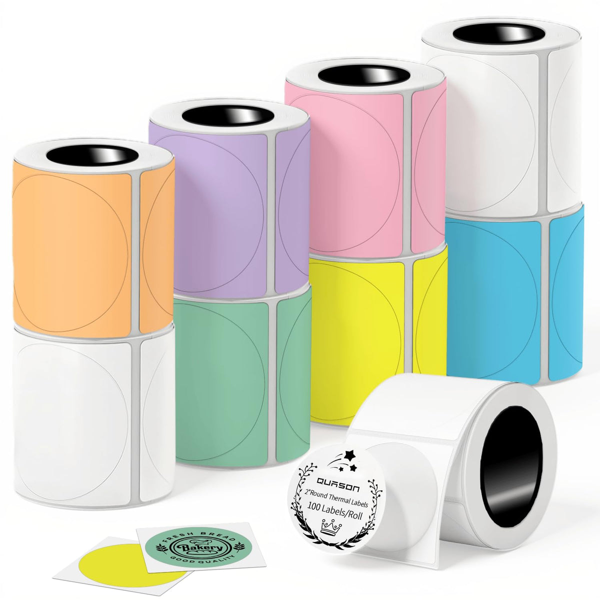 Thermal Printer Stickers 2" Round 900, Circle Thermal Labels BPA Free - Blue Pink Yellow Green Orange Purple White-9