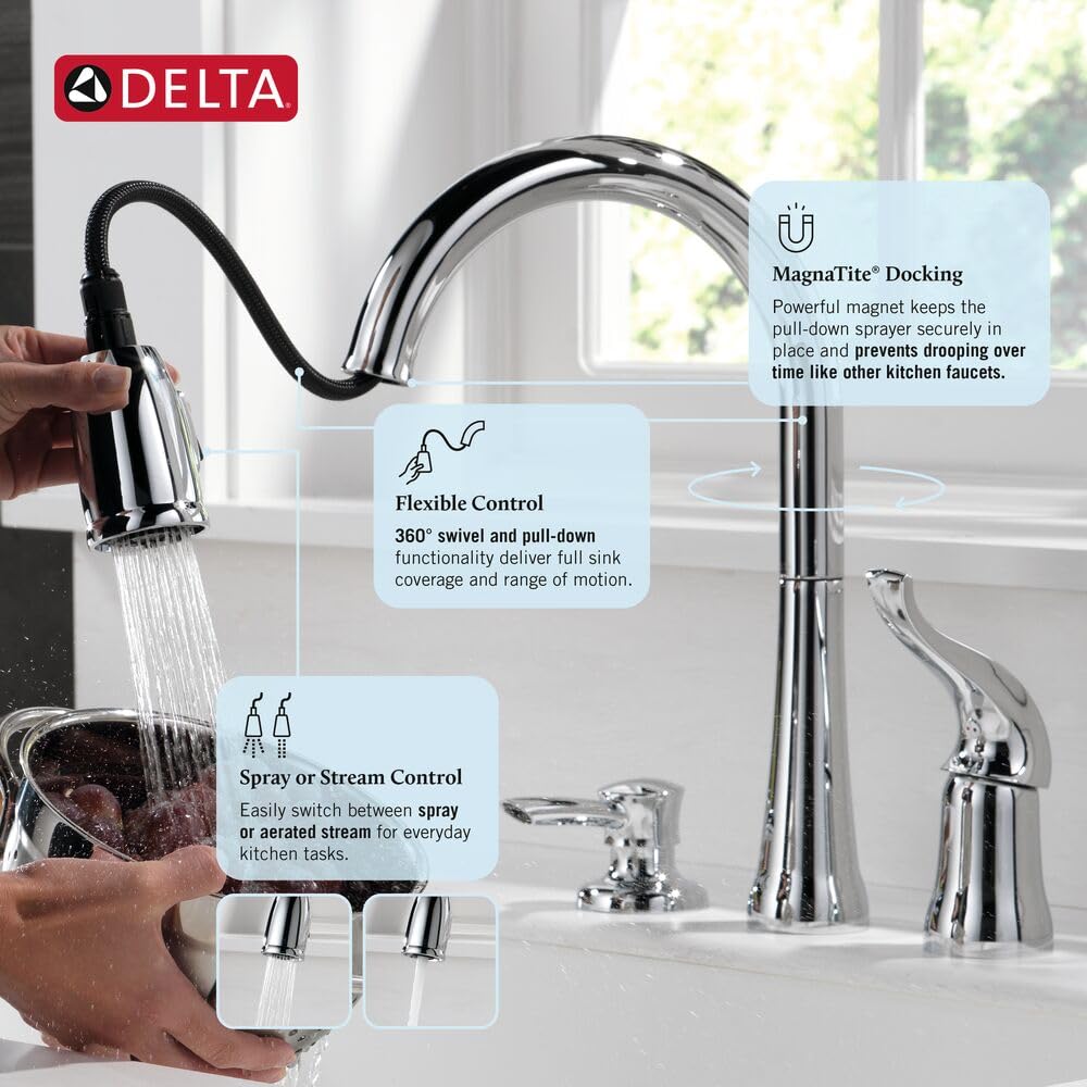 DELTA Kitchen Faucet with Pull Down Sprayer and Soap Disperser, Modern Two Hole Kitchen Sink Faucet, Single Handle