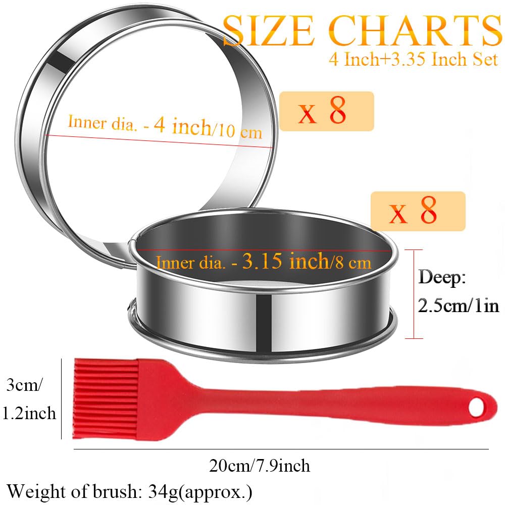 DATANYA 16Packs English Muffin Rings Crumpet Rings 4 inch Stainless Steel Double Rolled Tart Rings 4 inch & 3.15 inch (Pack of 17)
