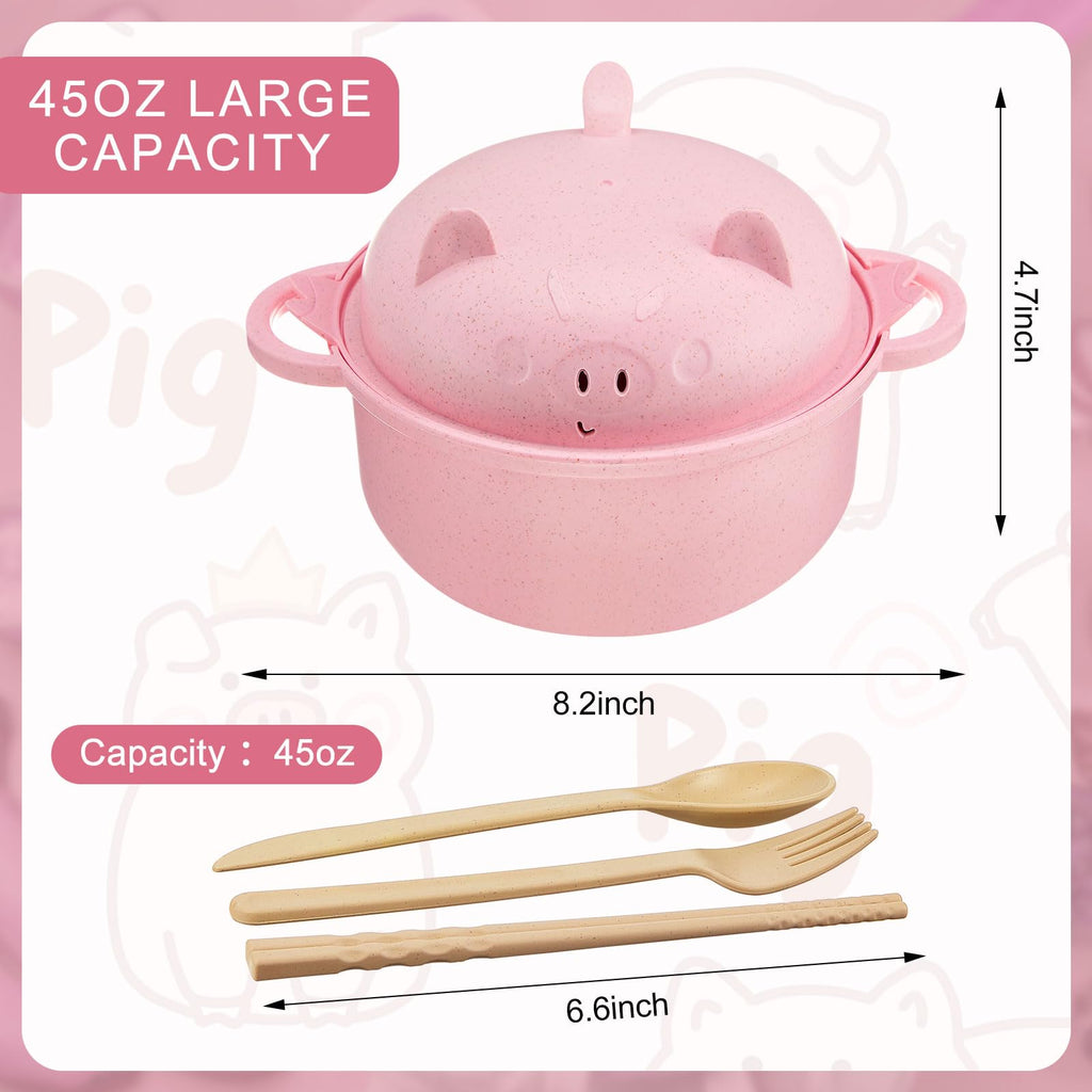 Romooa 45oz Cute Pig Ramen Bowl Set Microwavable