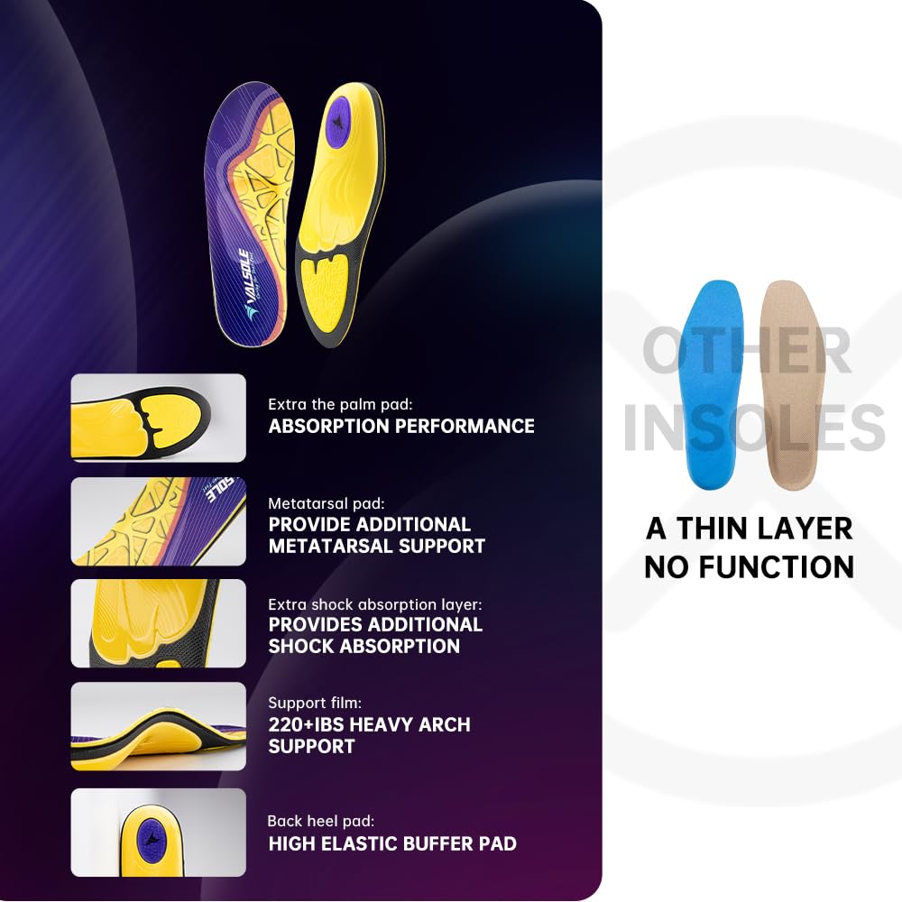 VALSOLE Plantar Fasciitis Insoles for Men Women - 220+lbs Heavy Duty Support Pain Relief Orthotics - High Arch Insoles (Pack of 2)