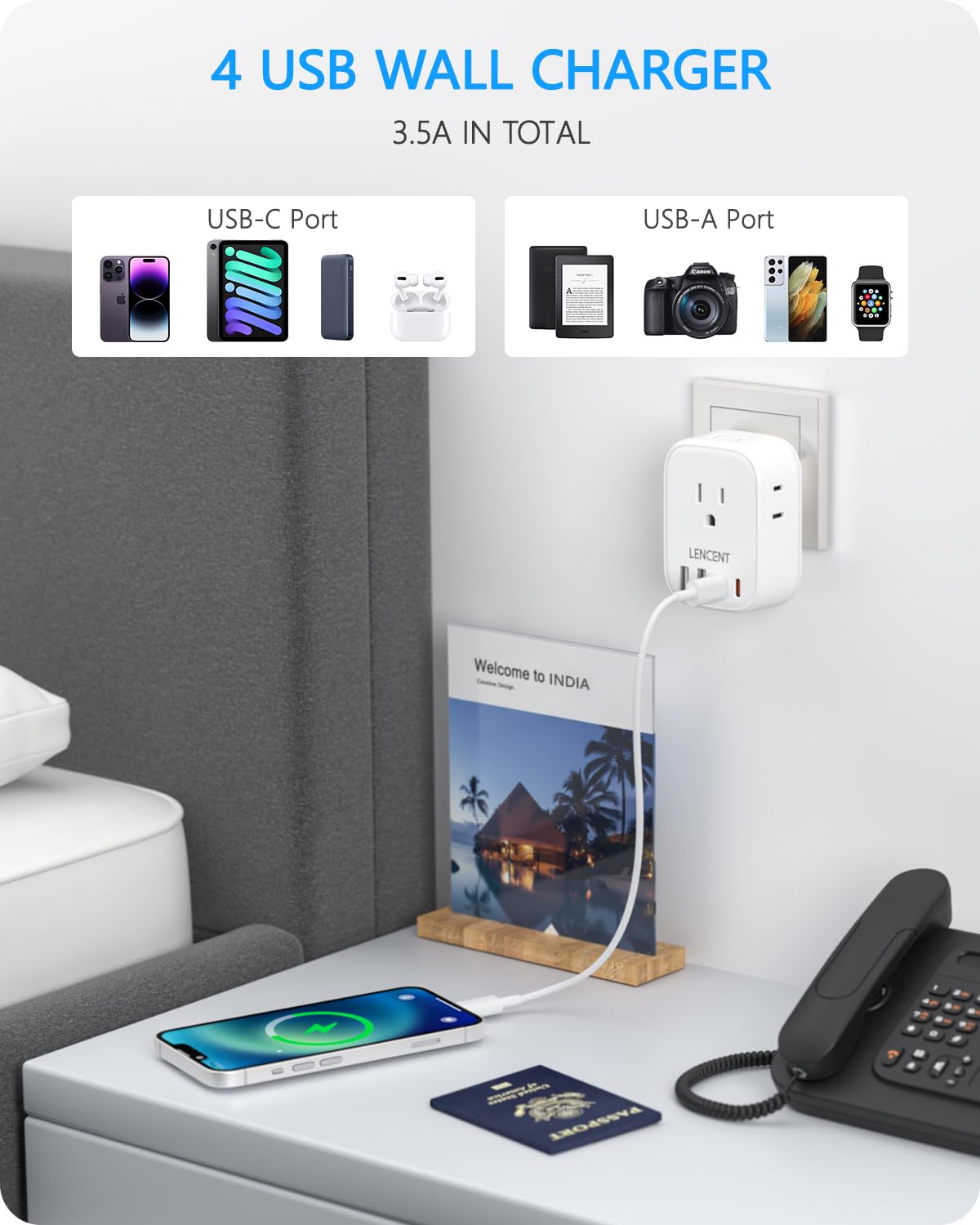 LENCENT Travel Plug Adapter - Type D-17.5W-India Maldives view 3
