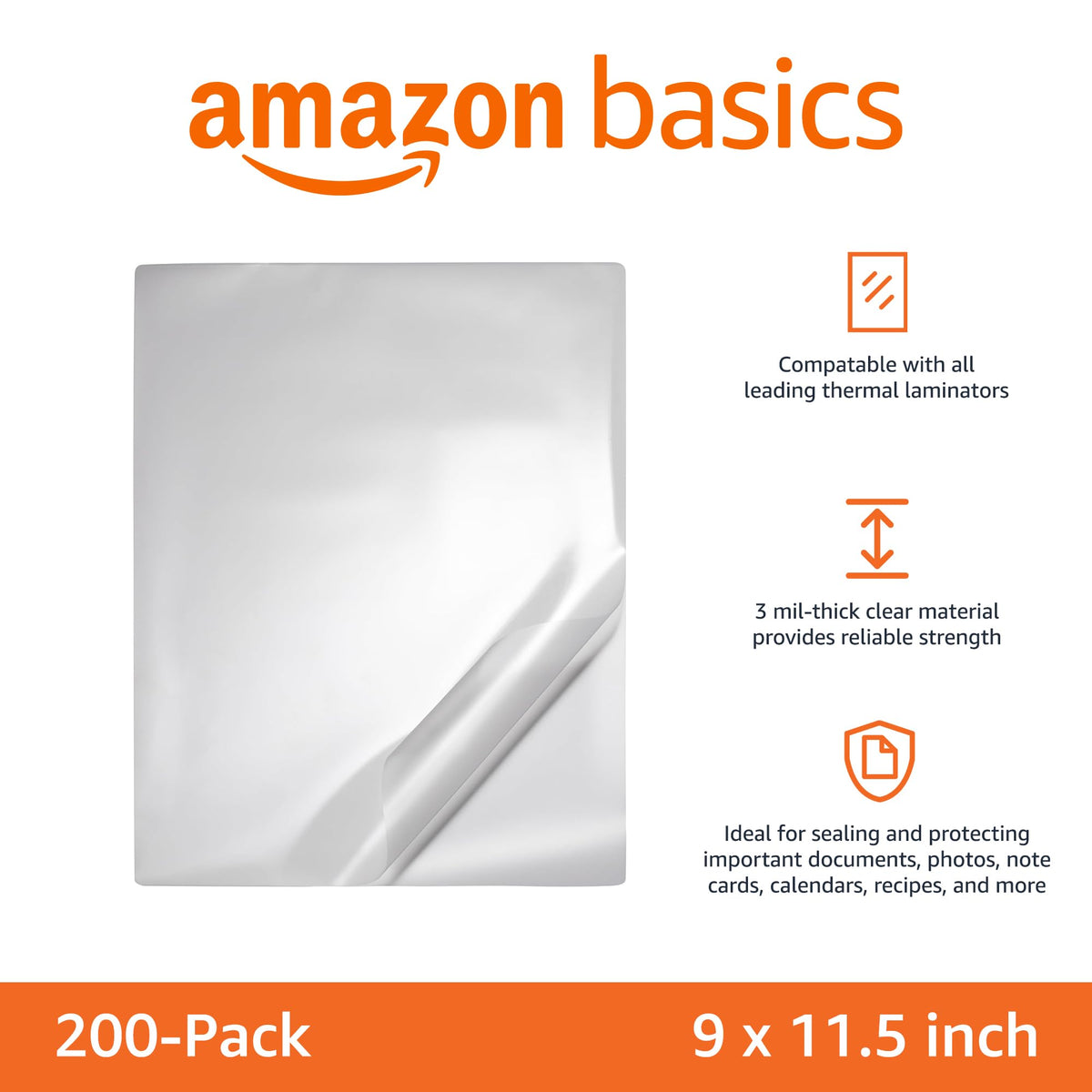 Amazon Basics Clear Thermal Laminating Sheets for Documents and Photos, 9 x 11.5-Inch, 2.8 mil