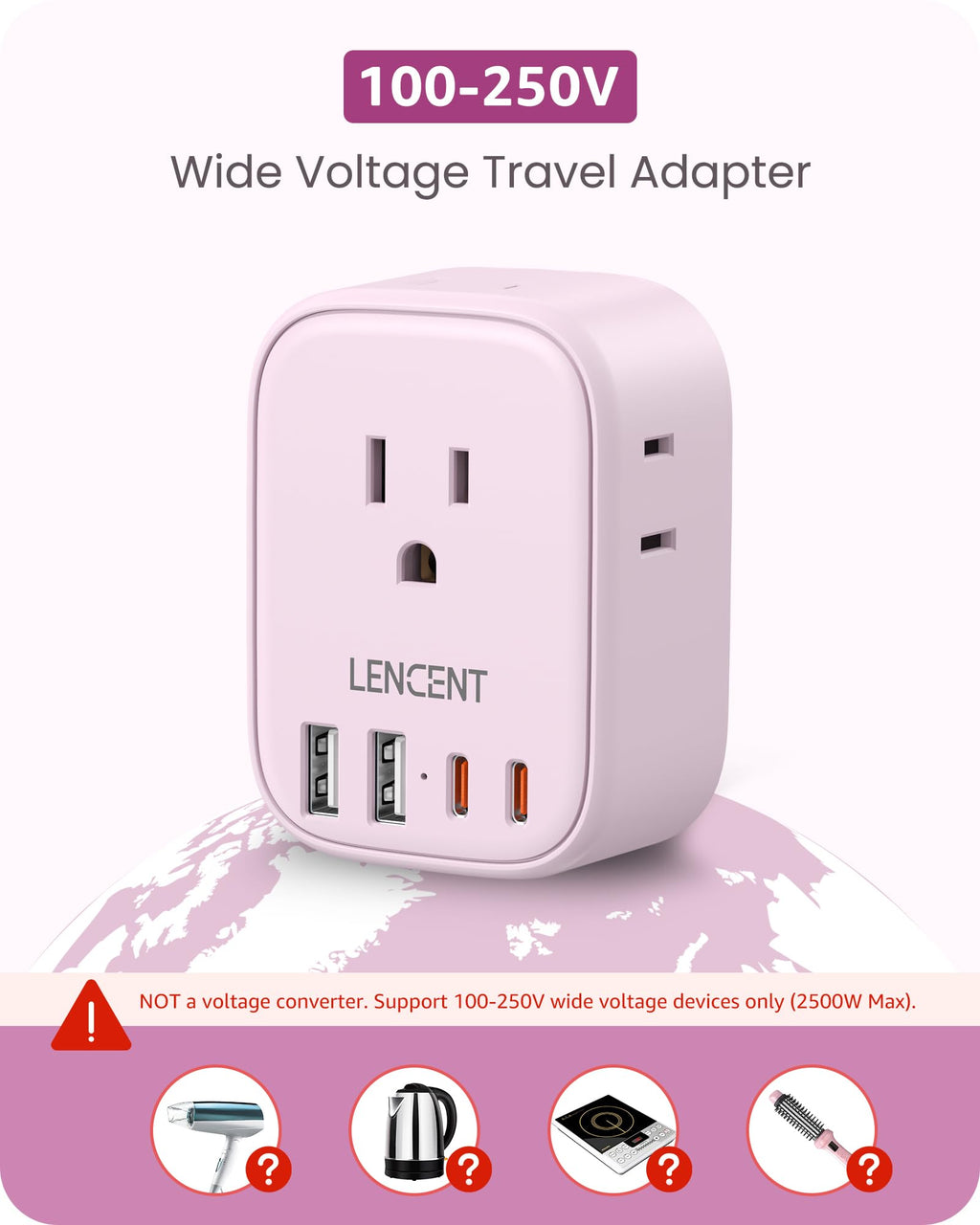 LENCENT Travel Plug Adapter - Type C-17.5W-Most of Europe-Pink view 6