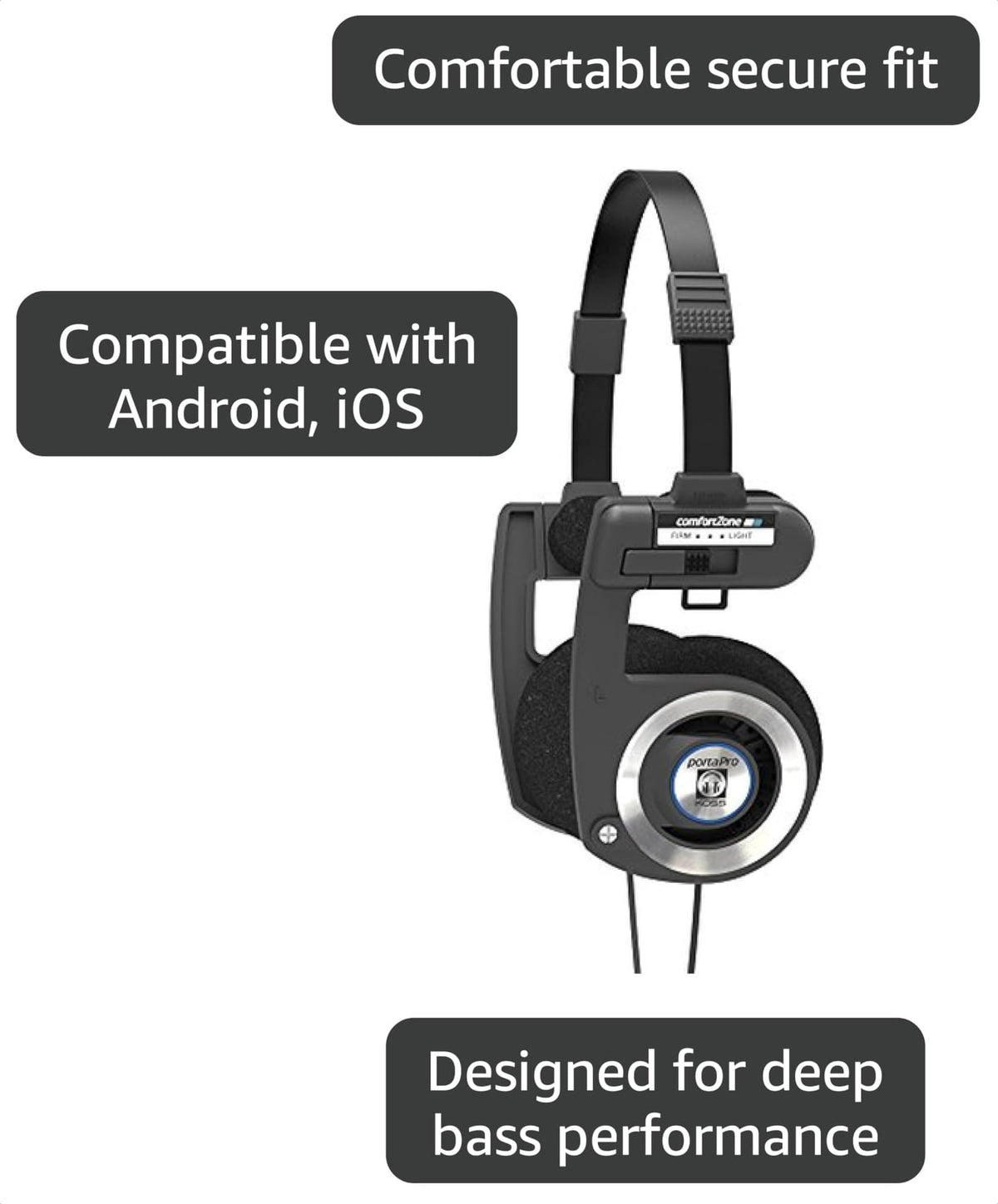 Koss Retro 80s Style On-Ear Headphones, Wired 3.5mm Plug - Black view 2