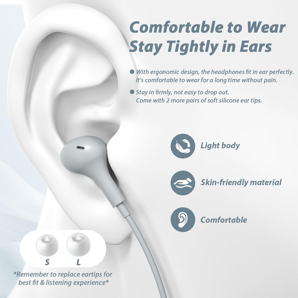 USB C Headphones for iPhone 18 Pro Max 17 16 15/Galaxy S26 FE Wired Earbuds - Sky-Grey view 4