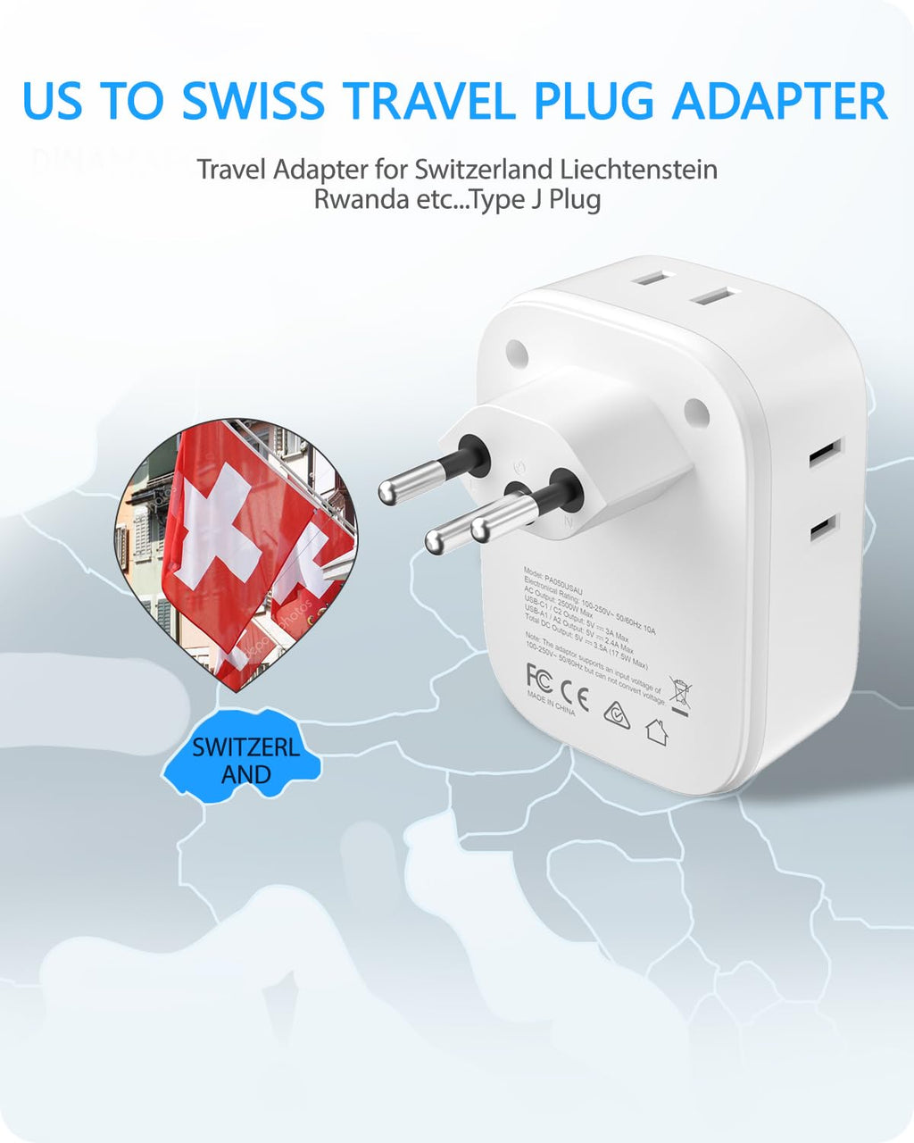 LENCENT Travel Plug Adapter - Type J-17.5W-Switzerland view 1