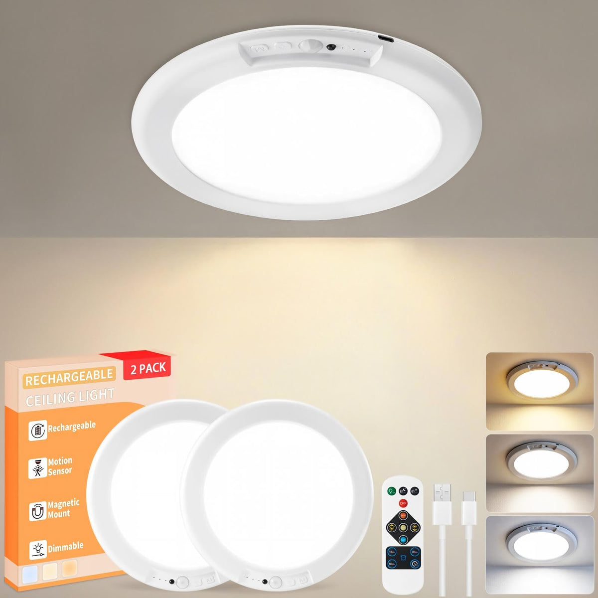KYEKIO Rechargeable Motion Sensor Ceiling Light with Remote - White
