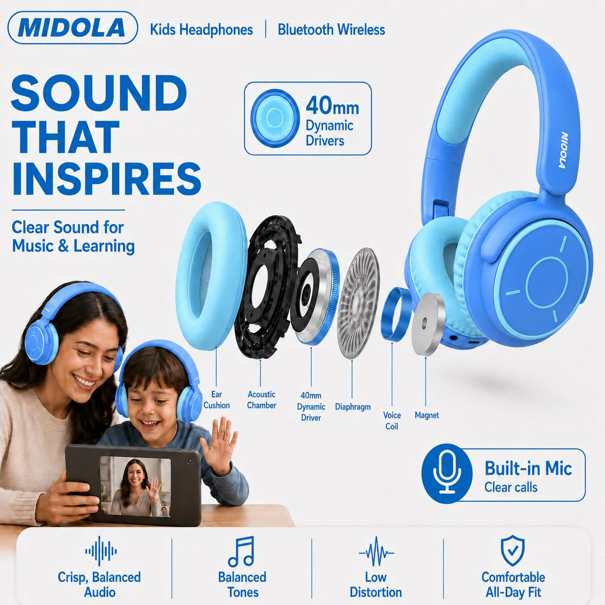Kids Bluetooth Headphones Wireless Over-Ear,68Hrs,Volume Limit 85/94dB - Blue view 7