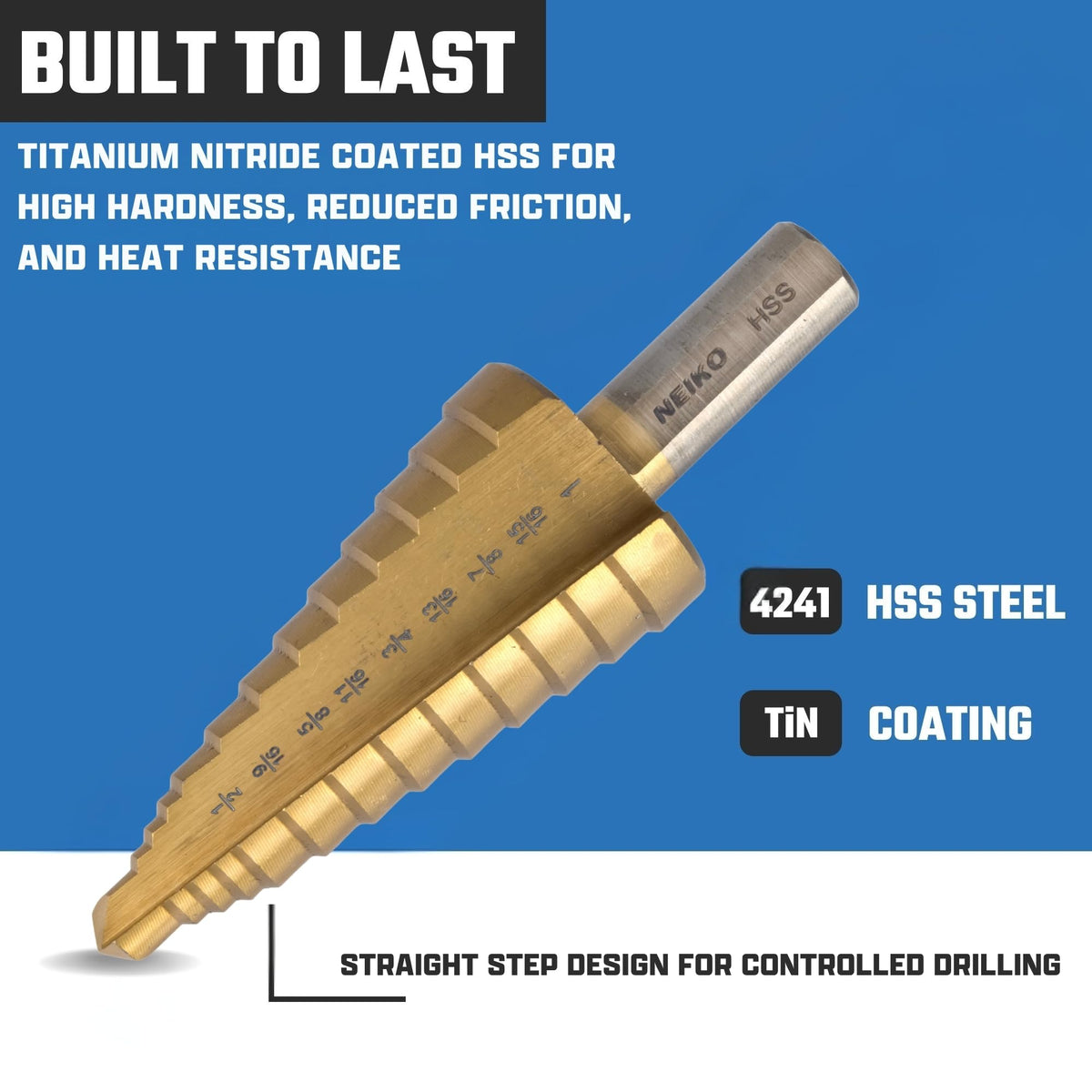 NEIKO 10622A Step Drill Bit, 9 Steps 1/2" to 1" Straight High Speed Steel, Titanium (additional view 2)