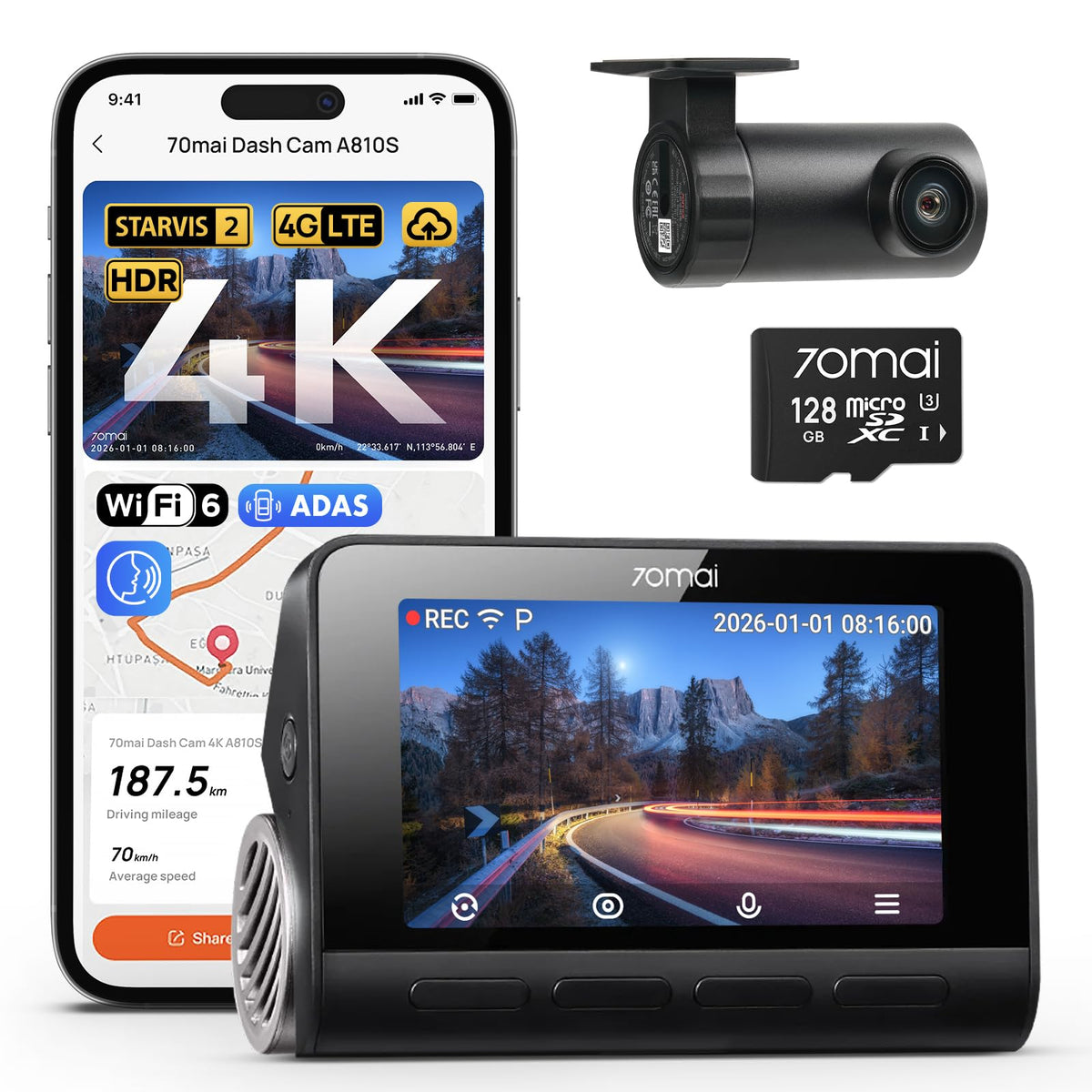 70mai 4K Dash Cam Front and Rear, 4K+1080P Dual STARVIS 2 Car Dash Camera for Cars, 4G