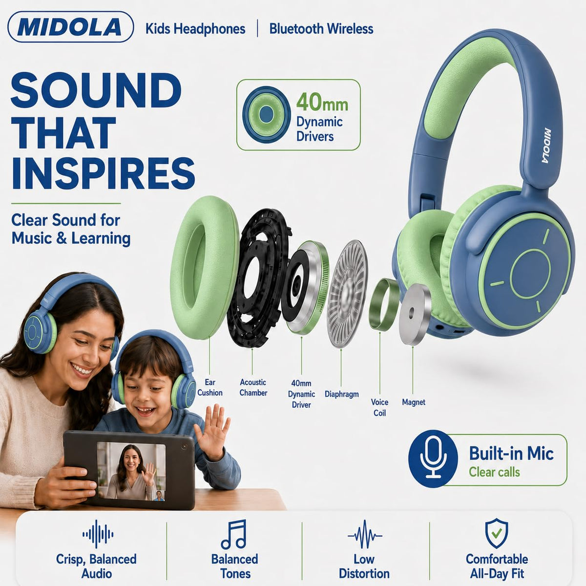 Kids Bluetooth Headphones Wireless Over-Ear,68Hrs,Volume Limit 85/94dB - Deep Blue view 7