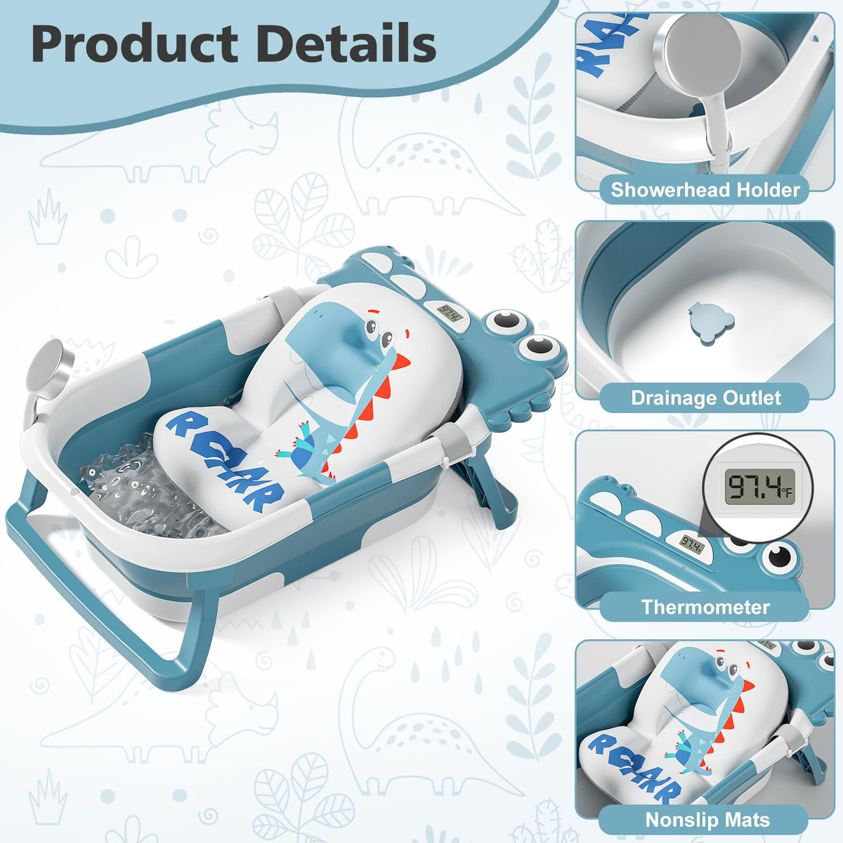Tavlshero Collapsible Baby Bathtub for Newborn, Foldable Baby Bath Tub with Thermometer & Soft Floating Cushion & Drain