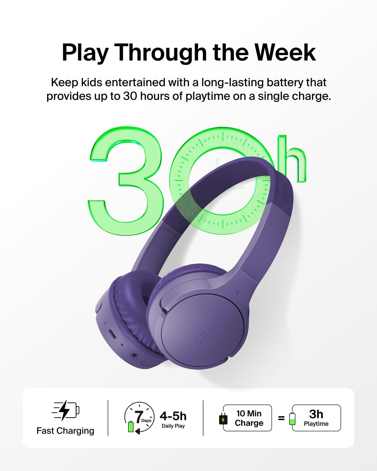 Belkin SoundForm Mini Kids Headphones - Purple / Wireless (USB-C) + Case view 2