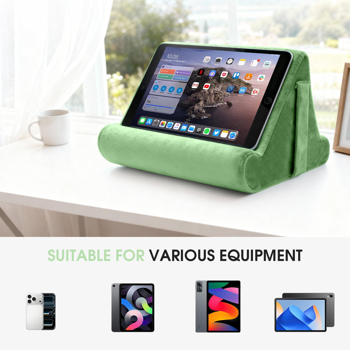 Sttargxing Tablet Stand Multi-Angle Tablet Pad Stand Lazy Holder Stand Soft Pad Stand Tablet Cushion Stand with Net Pocket & Random Color Stands for Lap - Green view 4