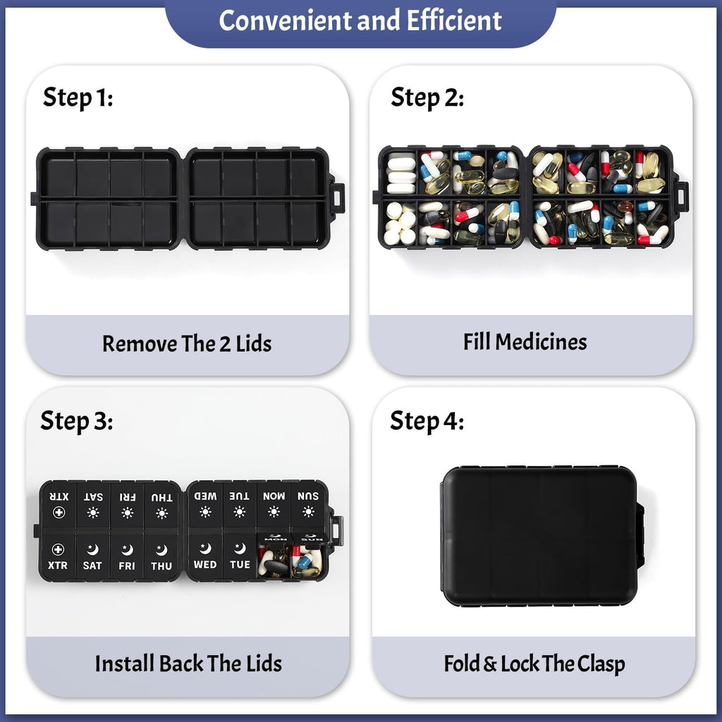 Foldable Portable 7 Day Pill Organizer 2 Times a Day, AM PM Weekly Pill Box