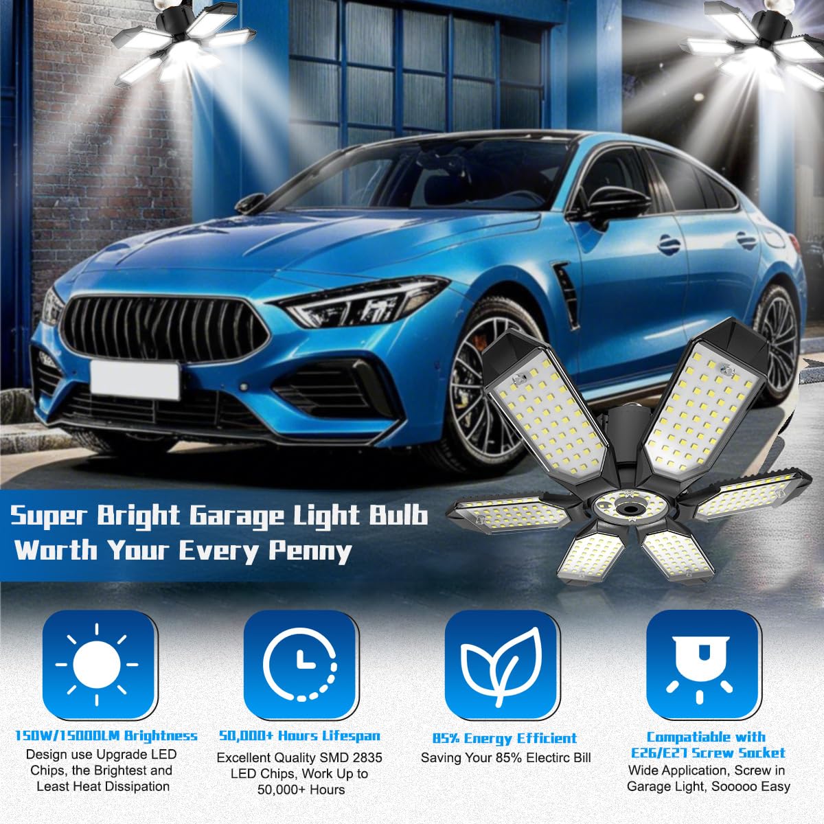 POLARPRA LED Garage Lights - 30000LM Super Brighter Garage Lighting w/ 6 Deformable (additional view 1)
